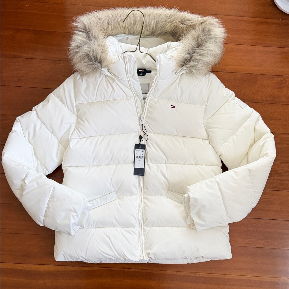 Tommy Hilfiger Off-White Quilted Down Puffer with Faux-Fur Trimmed Hood